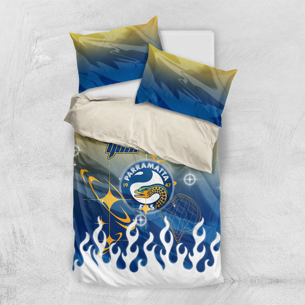 Personalized Parramatta Eels Bedding Set Y2K Grunge Aesthetic With Cyber Flames and Starburst Graphics