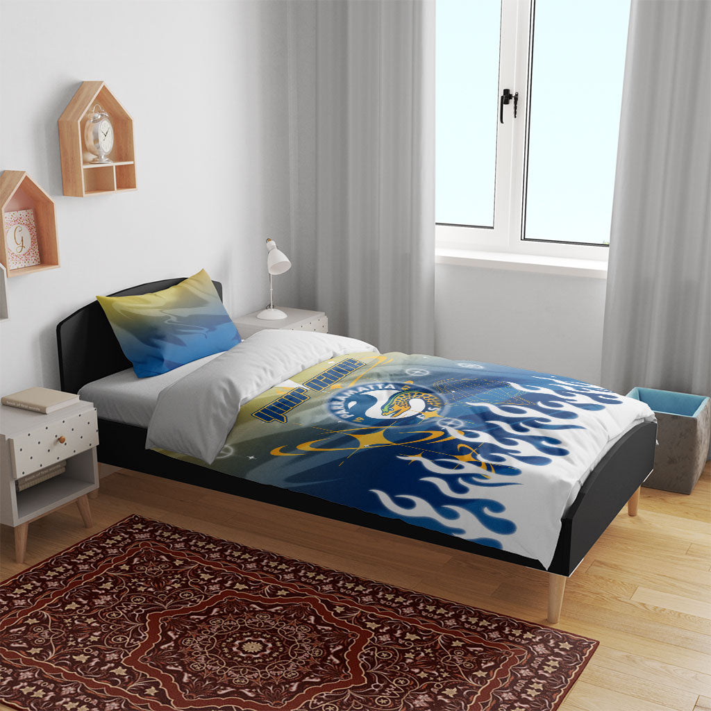 Personalized Parramatta Eels Bedding Set Y2K Grunge Aesthetic With Cyber Flames and Starburst Graphics