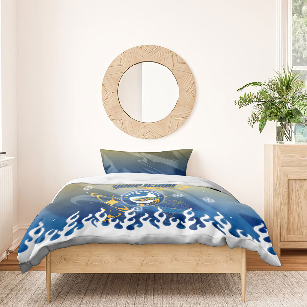 Personalized Parramatta Eels Bedding Set Y2K Grunge Aesthetic With Cyber Flames and Starburst Graphics