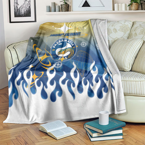 Personalized Parramatta Eels Blanket Y2K Grunge Aesthetic With Cyber Flames and Starburst Graphics