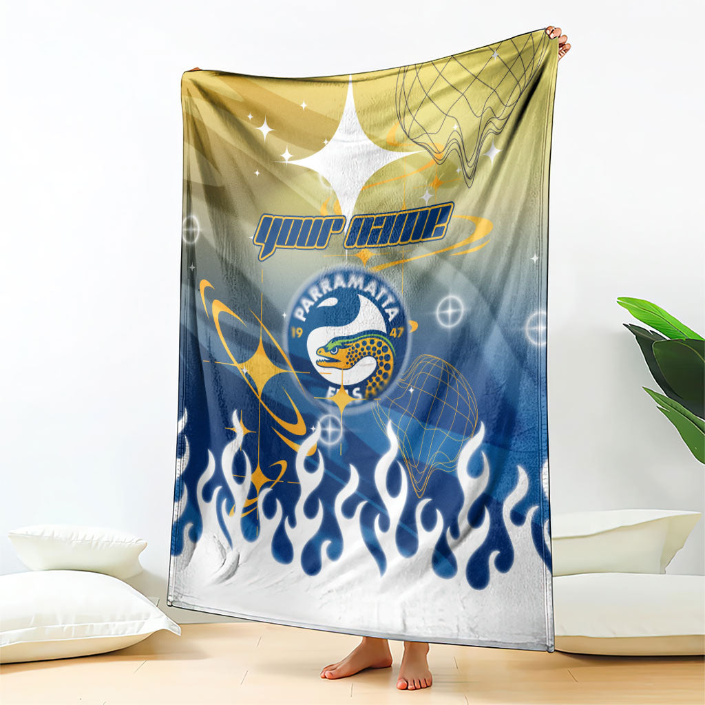 Personalized Parramatta Eels Blanket Y2K Grunge Aesthetic With Cyber Flames and Starburst Graphics