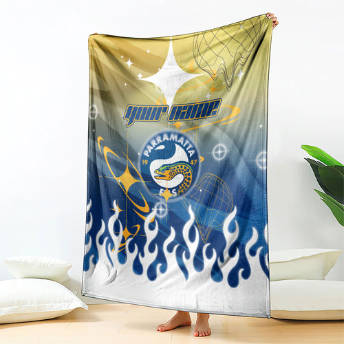 Personalized Parramatta Eels Blanket Y2K Grunge Aesthetic With Cyber Flames and Starburst Graphics
