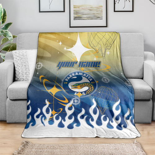 Personalized Parramatta Eels Blanket Y2K Grunge Aesthetic With Cyber Flames and Starburst Graphics