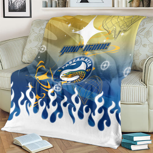 Personalized Parramatta Eels Blanket Y2K Grunge Aesthetic With Cyber Flames and Starburst Graphics