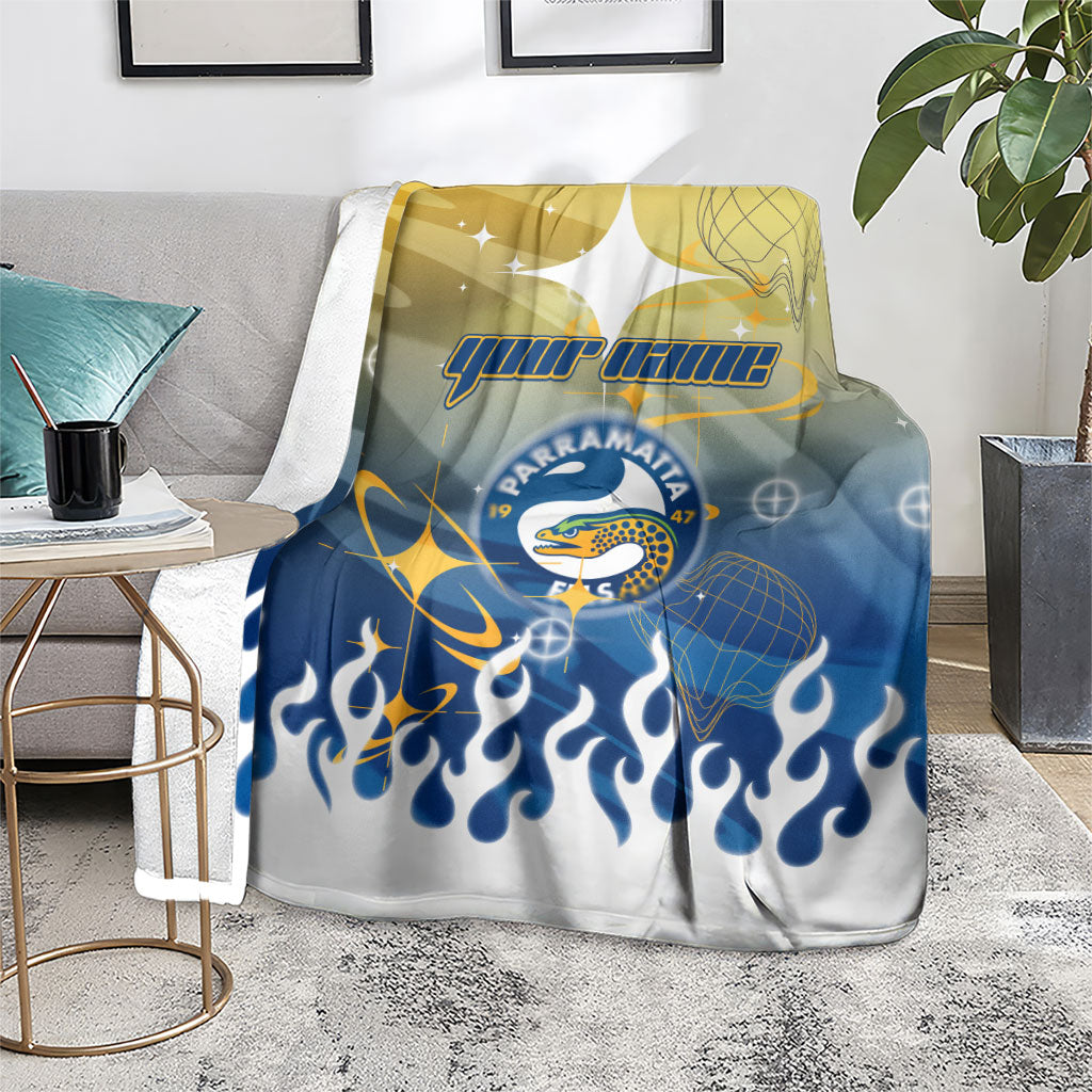 Personalized Parramatta Eels Blanket Y2K Grunge Aesthetic With Cyber Flames and Starburst Graphics