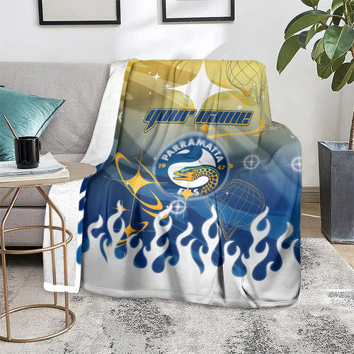 Personalized Parramatta Eels Blanket Y2K Grunge Aesthetic With Cyber Flames and Starburst Graphics