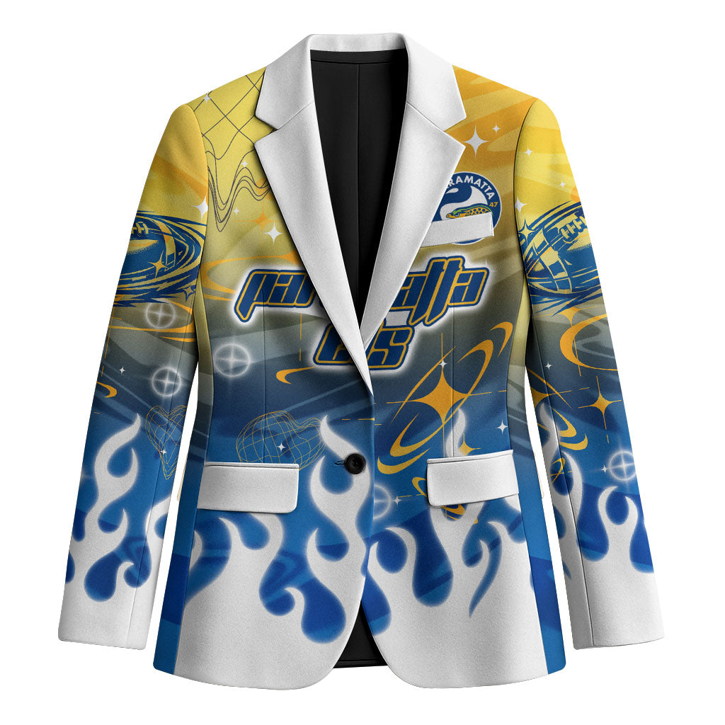 Personalized Parramatta Eels Blazer Y2K Grunge Aesthetic With Cyber Flames and Starburst Graphics