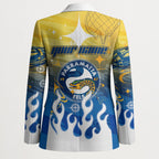 Personalized Parramatta Eels Blazer Y2K Grunge Aesthetic With Cyber Flames and Starburst Graphics