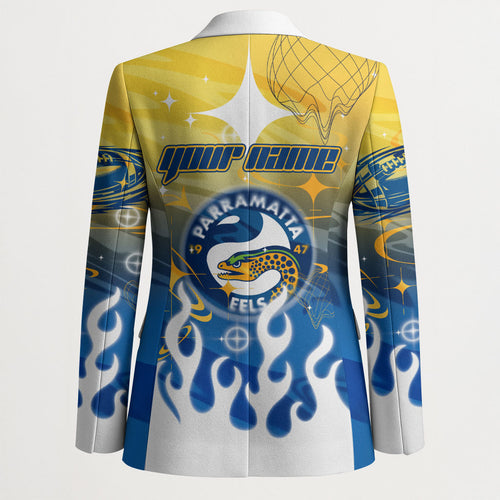 Personalized Parramatta Eels Blazer Y2K Grunge Aesthetic With Cyber Flames and Starburst Graphics