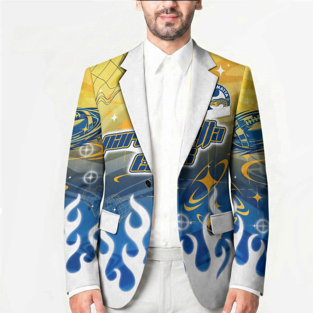 Personalized Parramatta Eels Blazer Y2K Grunge Aesthetic With Cyber Flames and Starburst Graphics