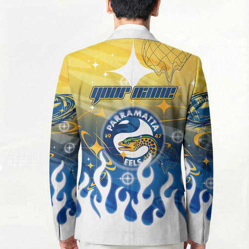 Personalized Parramatta Eels Blazer Y2K Grunge Aesthetic With Cyber Flames and Starburst Graphics