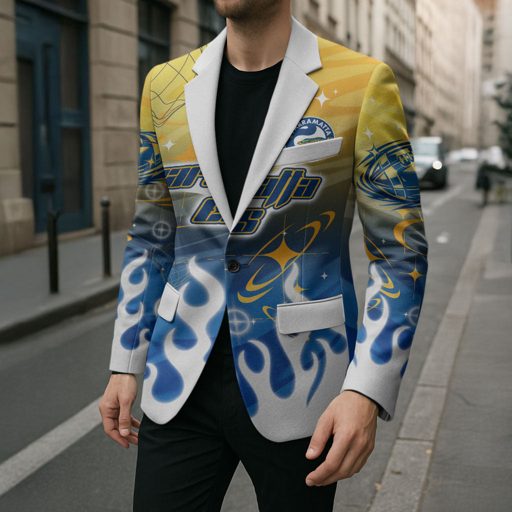 Personalized Parramatta Eels Blazer Y2K Grunge Aesthetic With Cyber Flames and Starburst Graphics