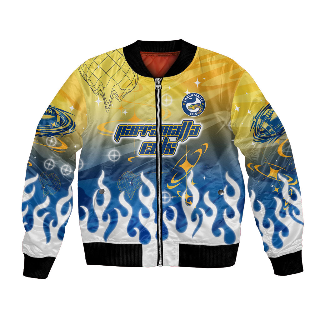 Personalized Parramatta Eels Bomber Jacket Y2K Grunge Aesthetic With Cyber Flames and Starburst Graphics