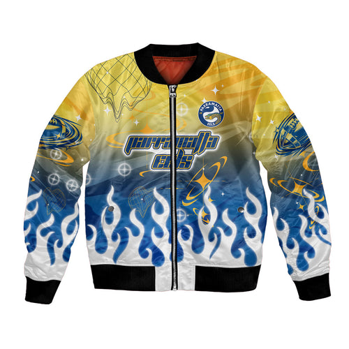 Personalized Parramatta Eels Bomber Jacket Y2K Grunge Aesthetic With Cyber Flames and Starburst Graphics
