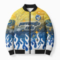 Personalized Parramatta Eels Bomber Puffer Jacket Y2K Grunge Aesthetic With Cyber Flames and Starburst Graphics