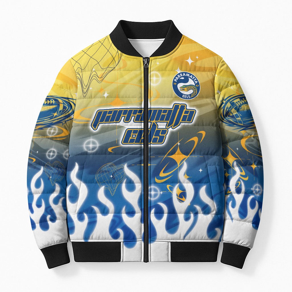 Personalized Parramatta Eels Bomber Puffer Jacket Y2K Grunge Aesthetic With Cyber Flames and Starburst Graphics