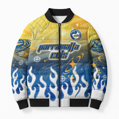 Personalized Parramatta Eels Bomber Puffer Jacket Y2K Grunge Aesthetic With Cyber Flames and Starburst Graphics