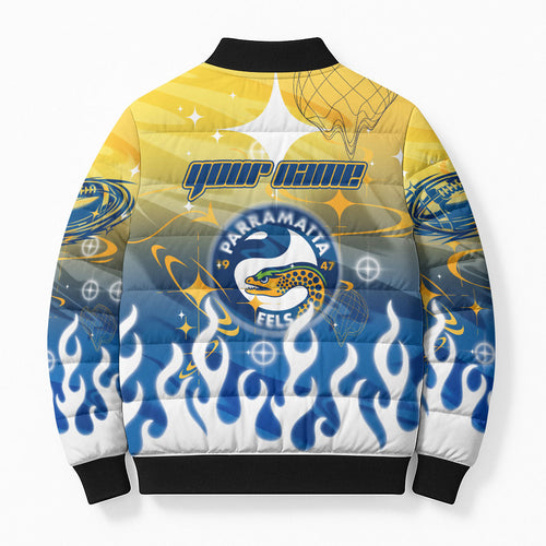 Personalized Parramatta Eels Bomber Puffer Jacket Y2K Grunge Aesthetic With Cyber Flames and Starburst Graphics