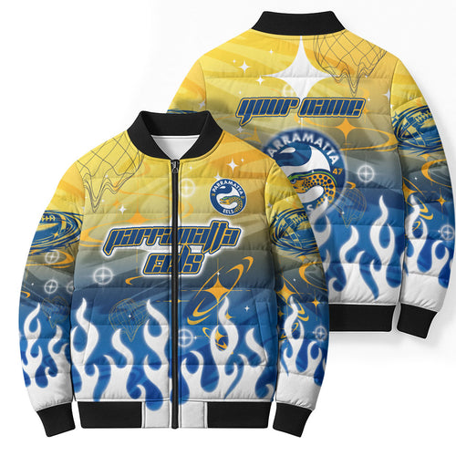 Personalized Parramatta Eels Bomber Puffer Jacket Y2K Grunge Aesthetic With Cyber Flames and Starburst Graphics