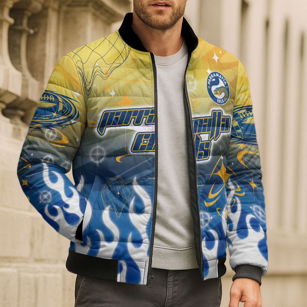 Personalized Parramatta Eels Bomber Puffer Jacket Y2K Grunge Aesthetic With Cyber Flames and Starburst Graphics