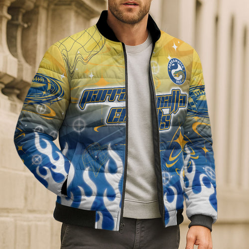 Personalized Parramatta Eels Bomber Puffer Jacket Y2K Grunge Aesthetic With Cyber Flames and Starburst Graphics