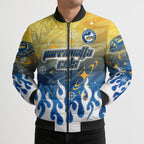 Personalized Parramatta Eels Bomber Puffer Jacket Y2K Grunge Aesthetic With Cyber Flames and Starburst Graphics