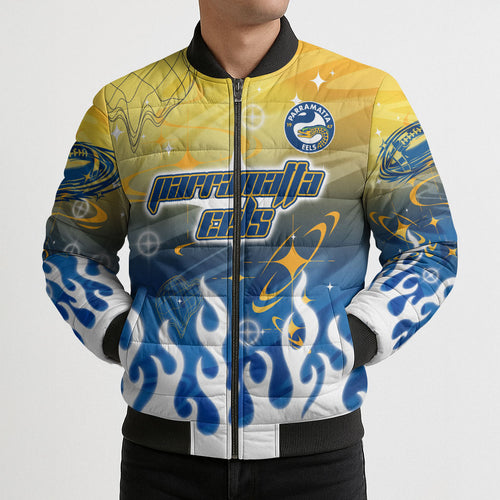 Personalized Parramatta Eels Bomber Puffer Jacket Y2K Grunge Aesthetic With Cyber Flames and Starburst Graphics