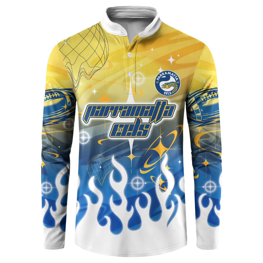Personalized Parramatta Eels Button Sweatshirt Y2K Grunge Aesthetic With Cyber Flames and Starburst Graphics