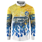 Personalized Parramatta Eels Button Sweatshirt Y2K Grunge Aesthetic With Cyber Flames and Starburst Graphics