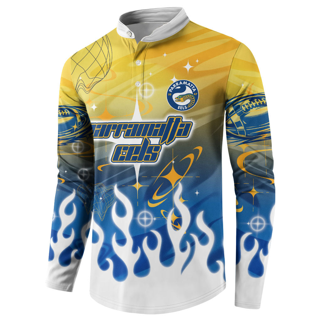 Personalized Parramatta Eels Button Sweatshirt Y2K Grunge Aesthetic With Cyber Flames and Starburst Graphics