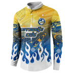 Personalized Parramatta Eels Button Sweatshirt Y2K Grunge Aesthetic With Cyber Flames and Starburst Graphics