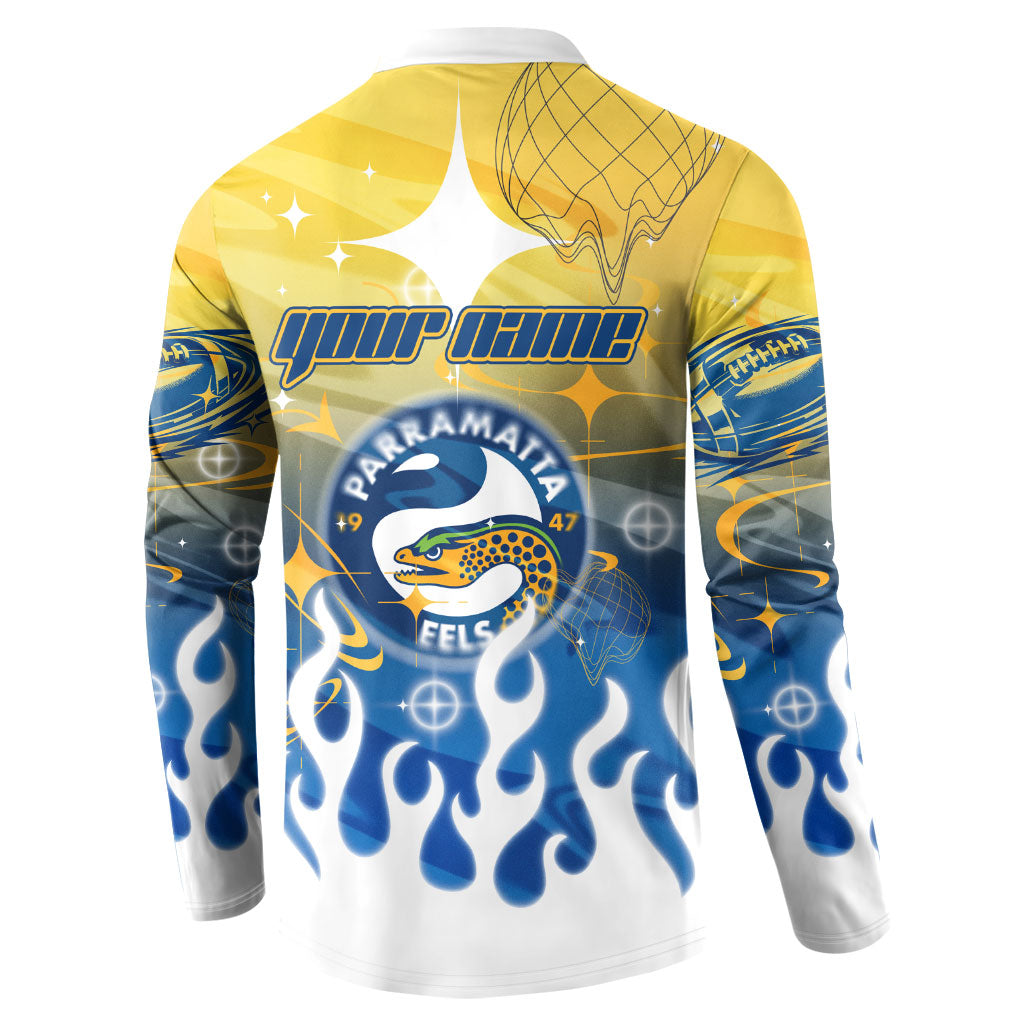 Personalized Parramatta Eels Button Sweatshirt Y2K Grunge Aesthetic With Cyber Flames and Starburst Graphics
