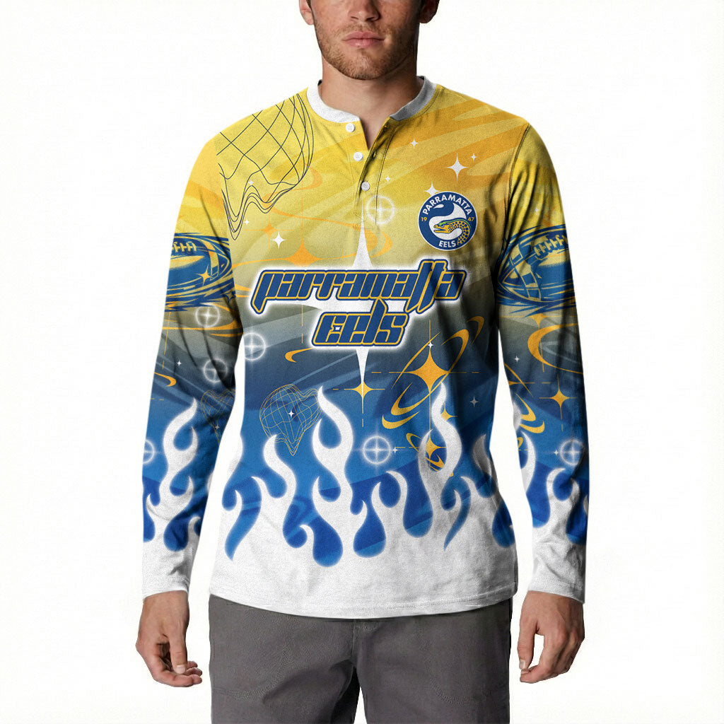 Personalized Parramatta Eels Button Sweatshirt Y2K Grunge Aesthetic With Cyber Flames and Starburst Graphics