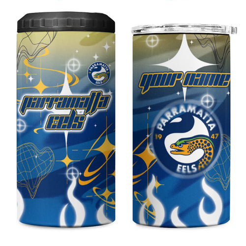 Personalized Parramatta Eels 4 in 1 Can Cooler Tumbler Y2K Grunge Aesthetic With Cyber Flames and Starburst Graphics