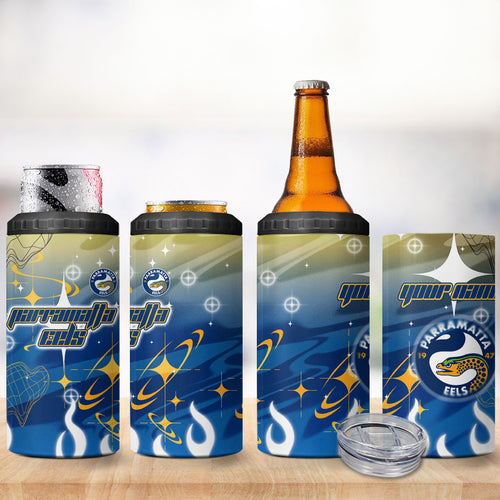 Personalized Parramatta Eels 4 in 1 Can Cooler Tumbler Y2K Grunge Aesthetic With Cyber Flames and Starburst Graphics