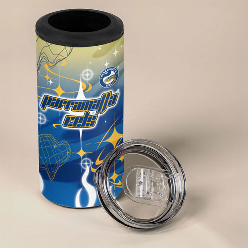 Personalized Parramatta Eels 4 in 1 Can Cooler Tumbler Y2K Grunge Aesthetic With Cyber Flames and Starburst Graphics