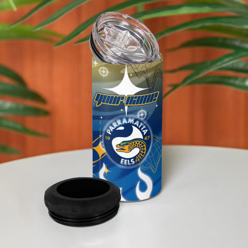 Personalized Parramatta Eels 4 in 1 Can Cooler Tumbler Y2K Grunge Aesthetic With Cyber Flames and Starburst Graphics