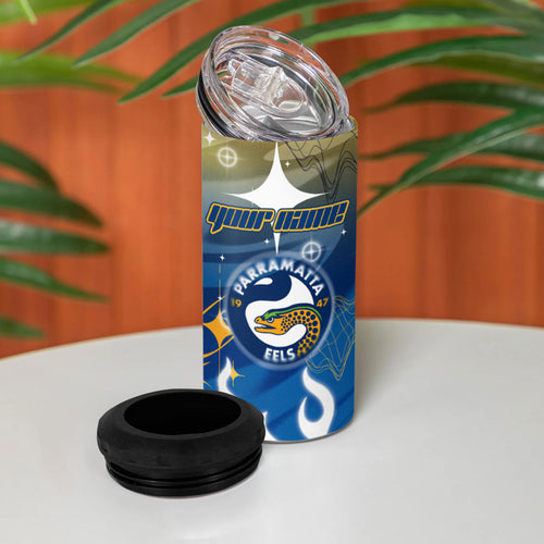 Personalized Parramatta Eels 4 in 1 Can Cooler Tumbler Y2K Grunge Aesthetic With Cyber Flames and Starburst Graphics