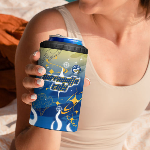 Personalized Parramatta Eels 4 in 1 Can Cooler Tumbler Y2K Grunge Aesthetic With Cyber Flames and Starburst Graphics