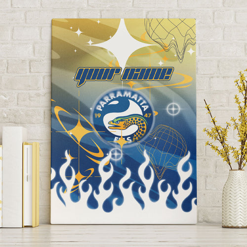 Personalized Parramatta Eels Canvas Wall Art Y2K Grunge Aesthetic With Cyber Flames and Starburst Graphics