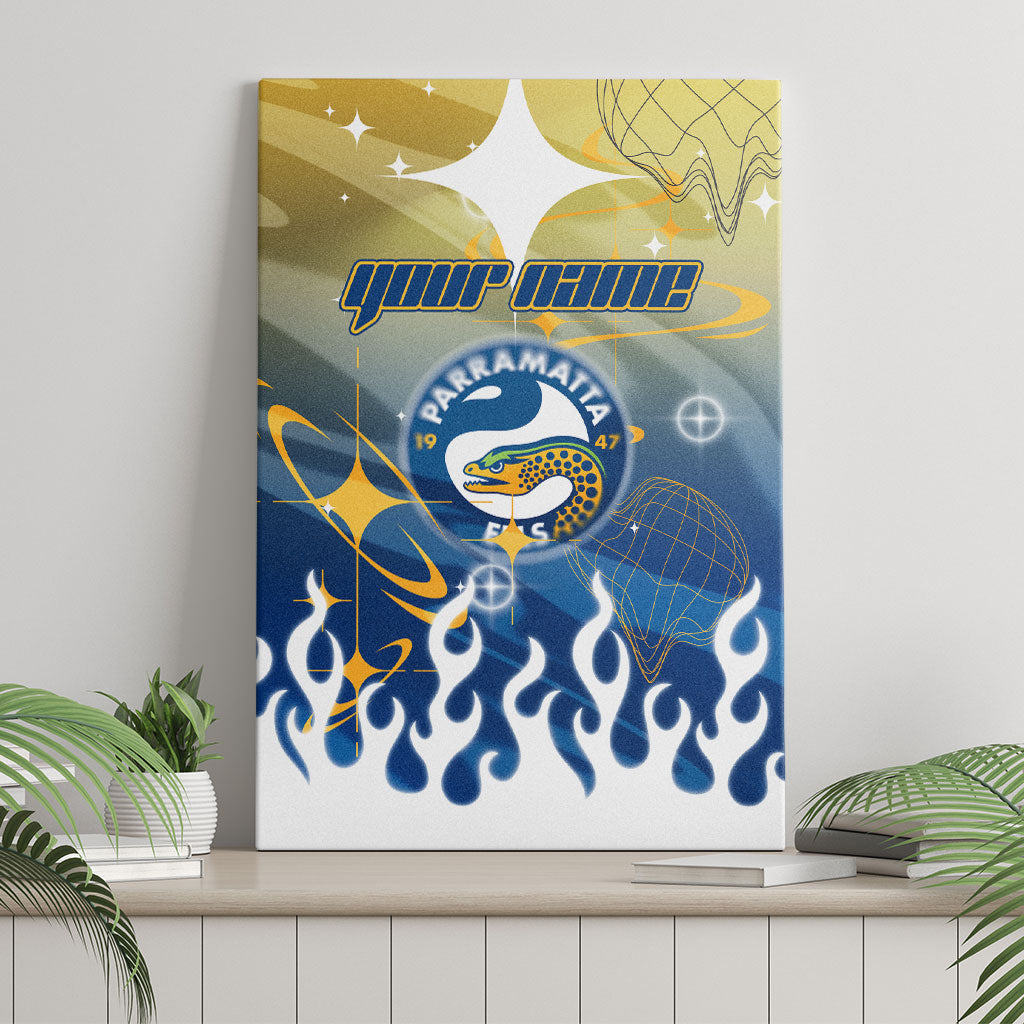 Personalized Parramatta Eels Canvas Wall Art Y2K Grunge Aesthetic With Cyber Flames and Starburst Graphics