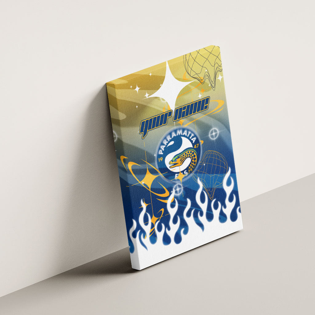 Personalized Parramatta Eels Canvas Wall Art Y2K Grunge Aesthetic With Cyber Flames and Starburst Graphics
