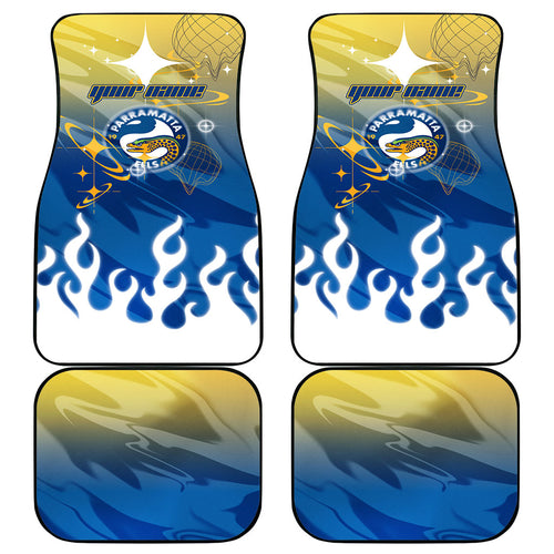Personalized Parramatta Eels Car Mats Y2K Grunge Aesthetic With Cyber Flames and Starburst Graphics