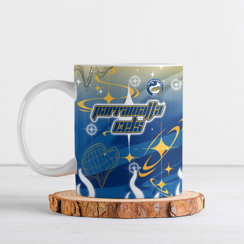 Personalized Parramatta Eels Ceramic Mug Y2K Grunge Aesthetic With Cyber Flames and Starburst Graphics