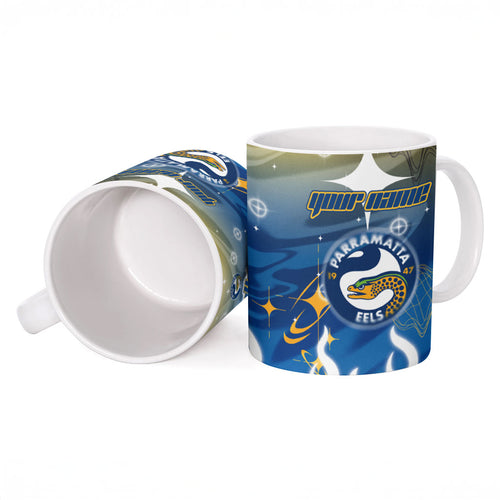 Personalized Parramatta Eels Ceramic Mug Y2K Grunge Aesthetic With Cyber Flames and Starburst Graphics