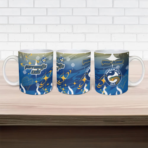 Personalized Parramatta Eels Ceramic Mug Y2K Grunge Aesthetic With Cyber Flames and Starburst Graphics