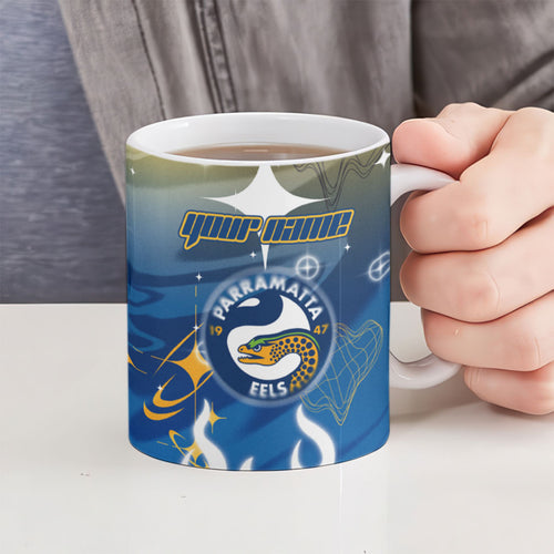 Personalized Parramatta Eels Ceramic Mug Y2K Grunge Aesthetic With Cyber Flames and Starburst Graphics