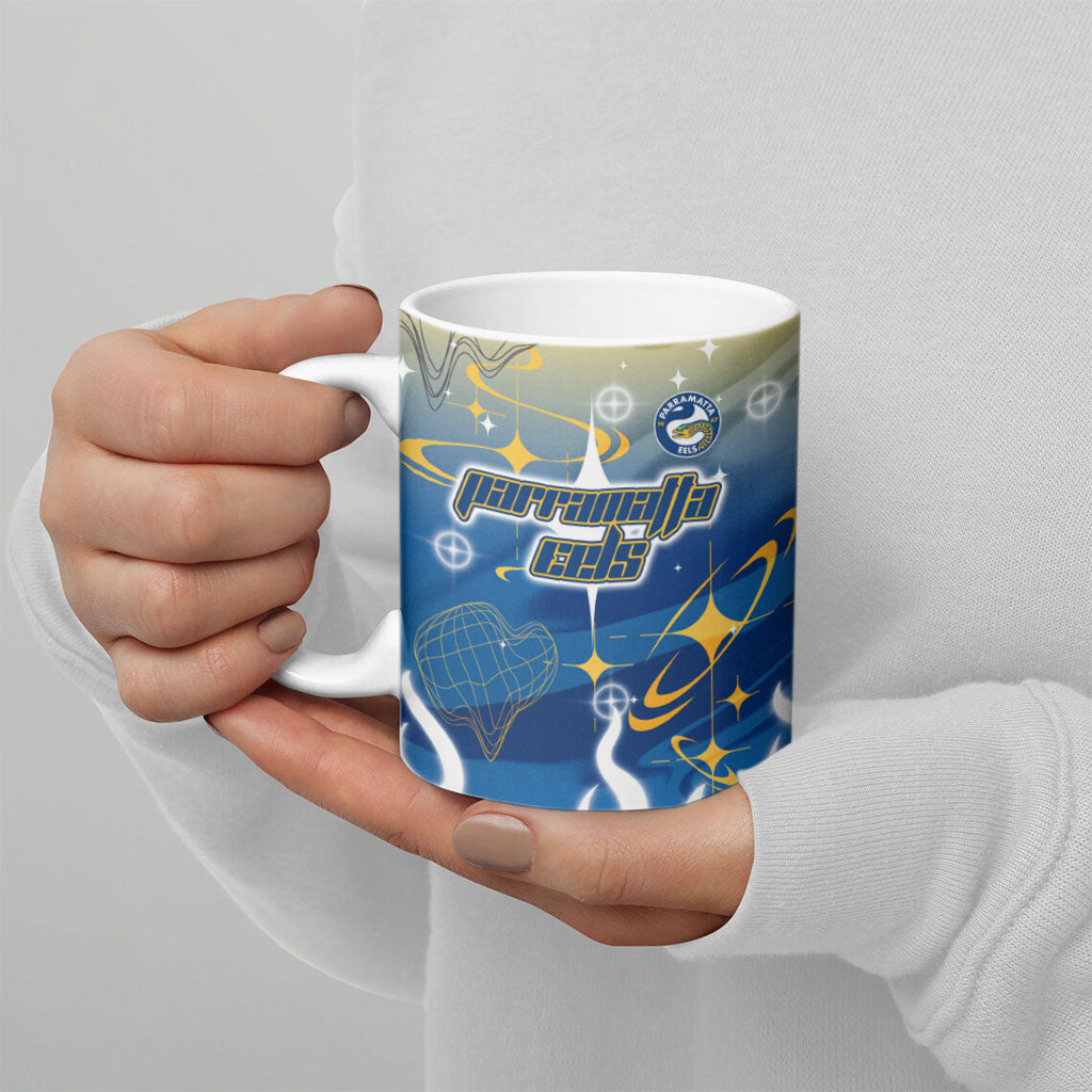 Personalized Parramatta Eels Ceramic Mug Y2K Grunge Aesthetic With Cyber Flames and Starburst Graphics