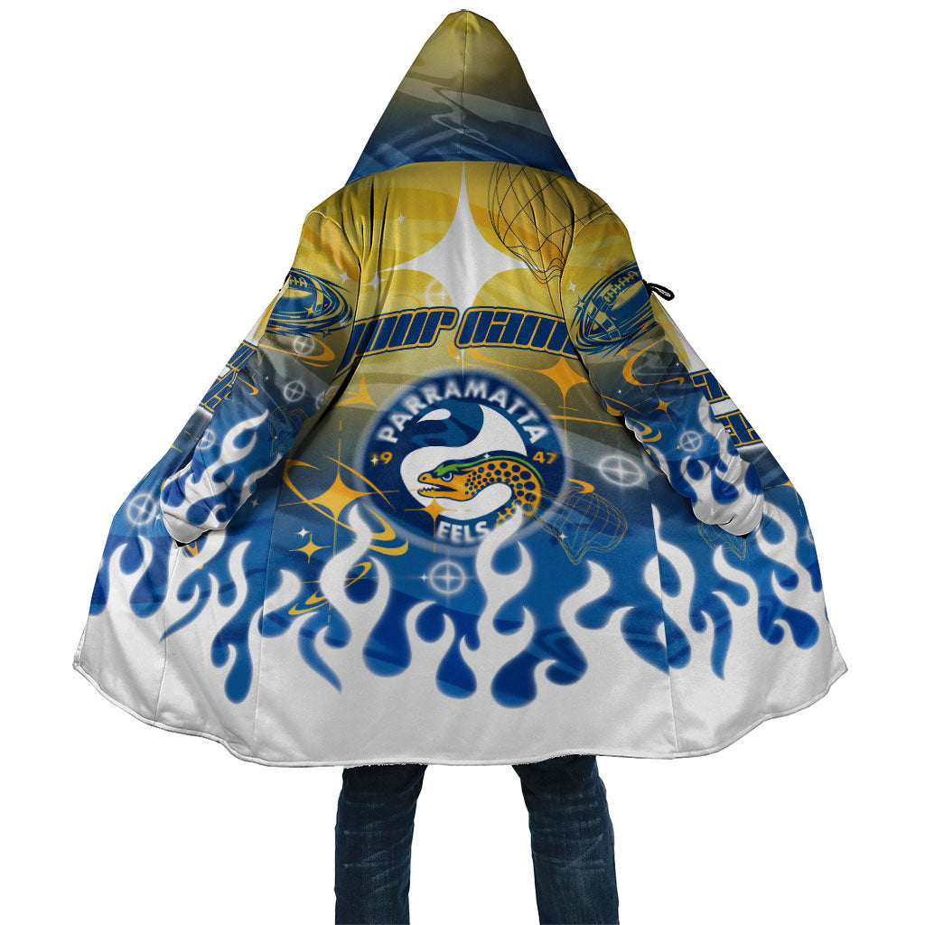 Personalized Parramatta Eels Cloak Y2K Grunge Aesthetic With Cyber Flames and Starburst Graphics