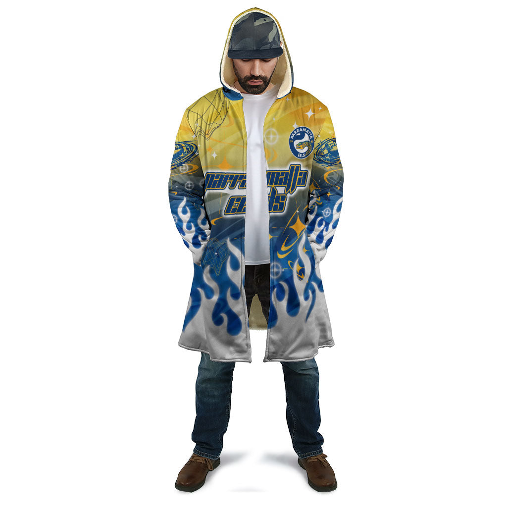 Personalized Parramatta Eels Cloak Y2K Grunge Aesthetic With Cyber Flames and Starburst Graphics